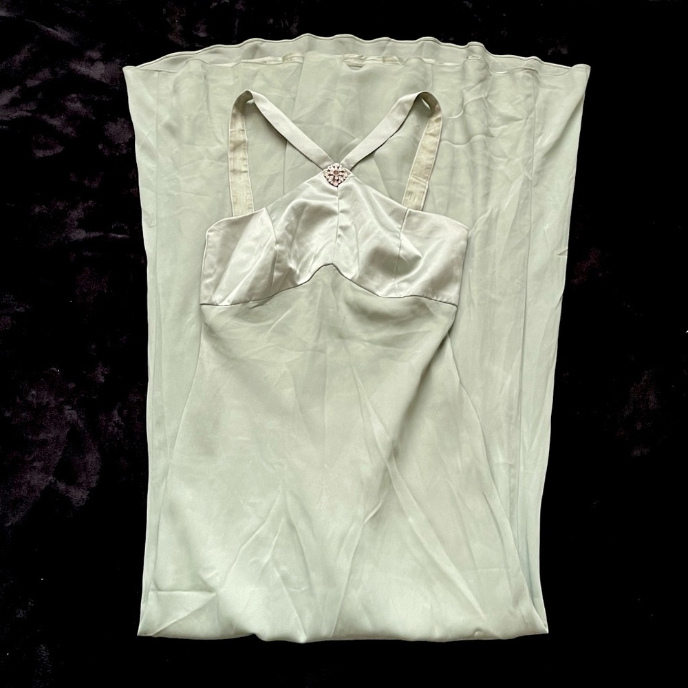 90 prom dress sage green cut out diamond halter